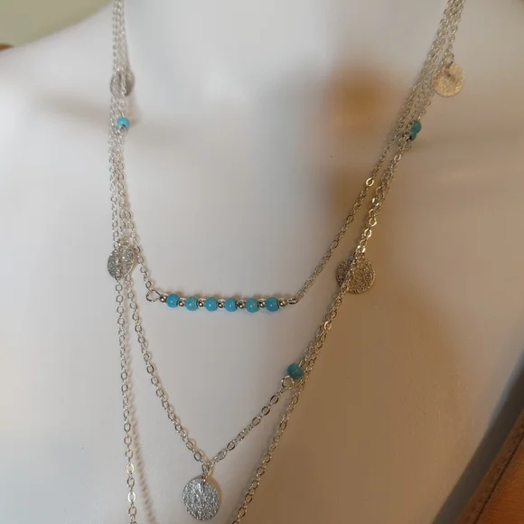 Boho Feather Layered Necklace With Simulated Turquoise Beads - Picture 4 of 7